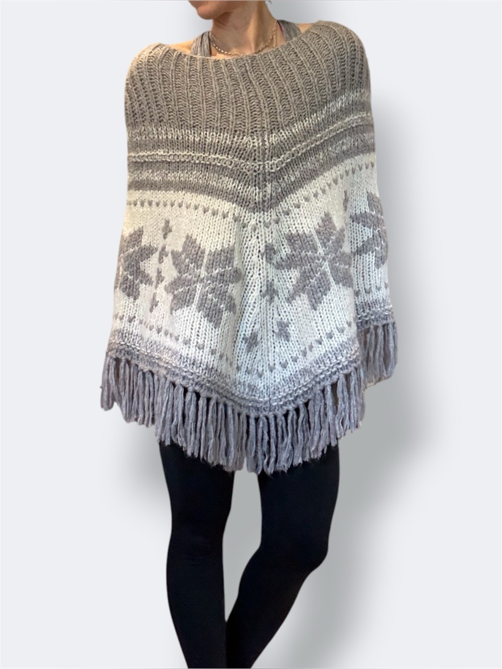 BCBG Max Azria Knit Fringe Snowflake Poncho